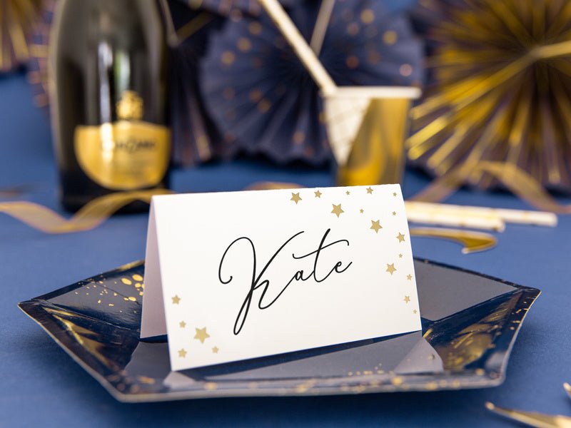 Witte Naamkaartjes Gouden Sterren 9,5cm 10st van Partydeco koop je bij Partywinkel