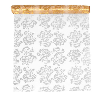 Witte Organza Stof Gouden en Zilveren Koningsbloem print 36cm 9m van Partydeco koop je bij Partywinkel