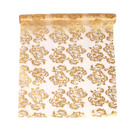 Witte Organza Stof Gouden en Zilveren Koningsbloem print 36cm 9m van Partydeco koop je bij Partywinkel