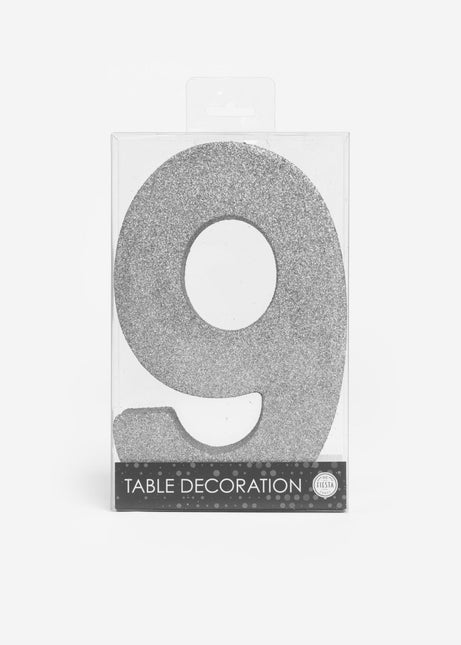 Zilver Tafeldecoratie Cijfer 9 Glitter 20,5cm van WeFiesta koop je bij Partywinkel