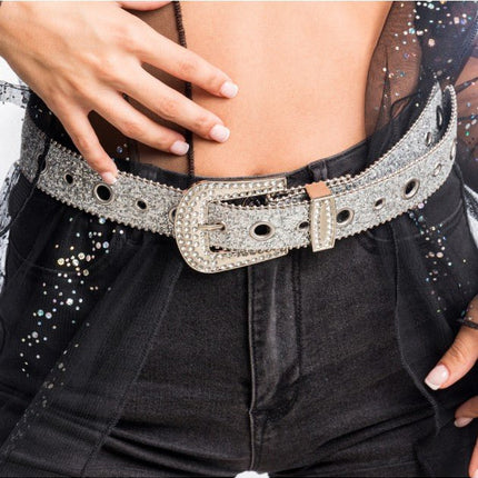 Zilveren Glitterriem met Strass Western Gesp 112cm van CHAKS koop je bij Partywinkel