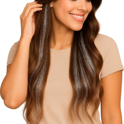 Zilveren Hair Extension Glitters 50cm 3st van Fiestas Guirca koop je bij Partywinkel