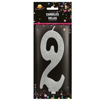 Zilveren Kaars 2 Jaar Glitter 12,5cm van Fiestas Guirca koop je bij Partywinkel