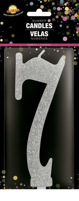 Zilveren Kaars 7 Jaar Glitter 12,5cm van Fiestas Guirca koop je bij Partywinkel