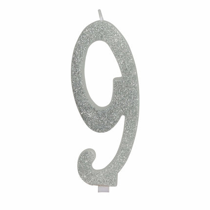 Zilveren Kaars 9 Jaar Glitter 12,5cm van Fiestas Guirca koop je bij Partywinkel