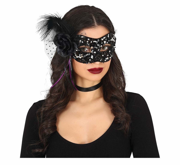 Zwart Oogmasker Bloem Pailletten van Fiestas Guirca koop je bij Partywinkel