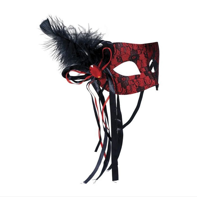 Zwart Rode Oogmasker Veer van Fiestas Guirca koop je bij Partywinkel