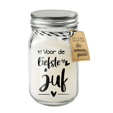Zwart Witte Geurkaars Liefste Juf van Paper Dreams koop je bij Partywinkel
