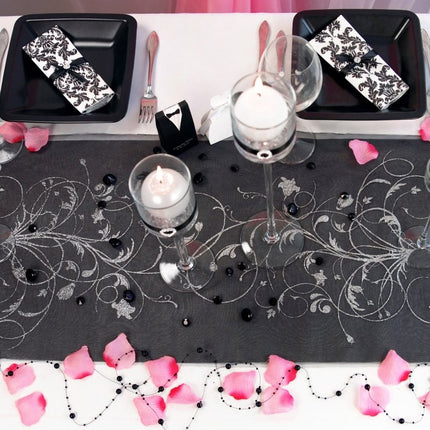 Zwarte Organza Stof Zilveren Bloemen 36cm 9m van Partydeco koop je bij Partywinkel