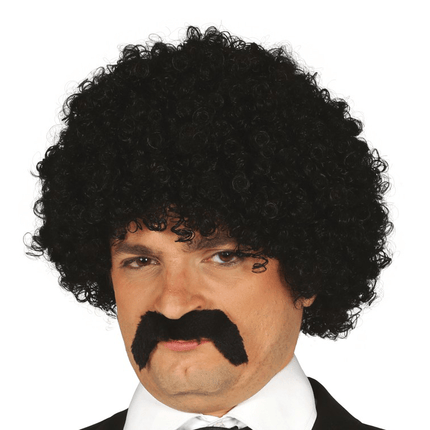 Zwarte Pruik Krullen Snor van Fiestas Guirca koop je bij Partywinkel